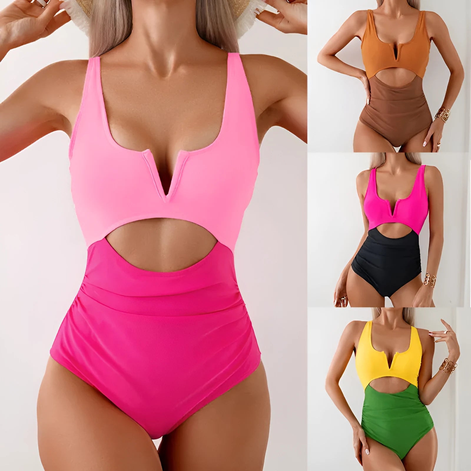 Women's green and black colour contrast one-piece nylon swimsuit