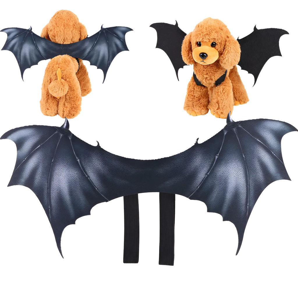 Black cloth bat wing costume for pets, shown in small, medium, and large sizes for cats and dogs.