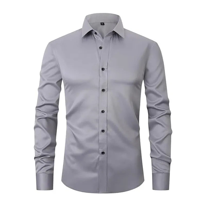 Men's stretch long sleeve polyester work shirt on a hanger, showing button front and long sleeves.