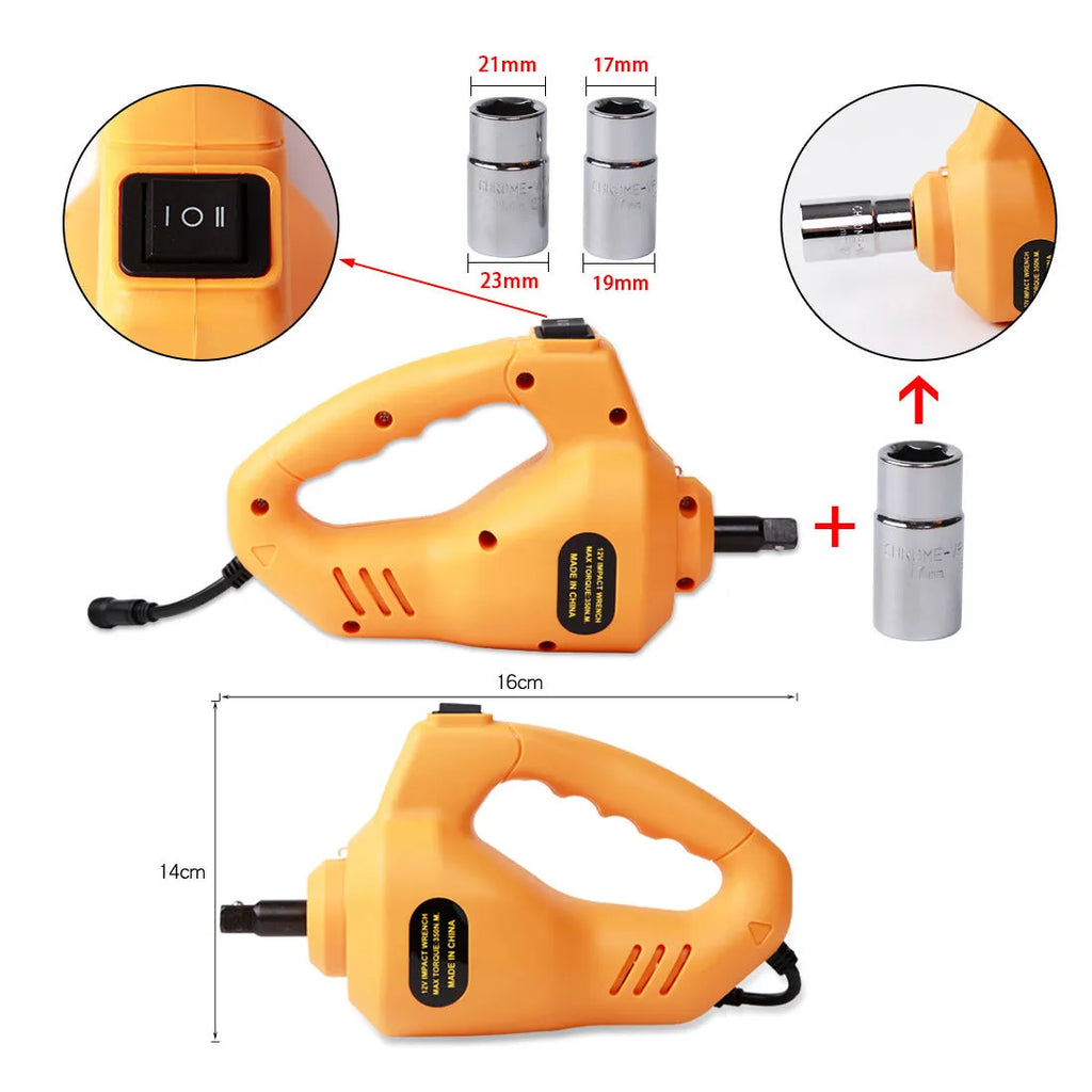Yellow electric car jack set with electric wrench and socket components