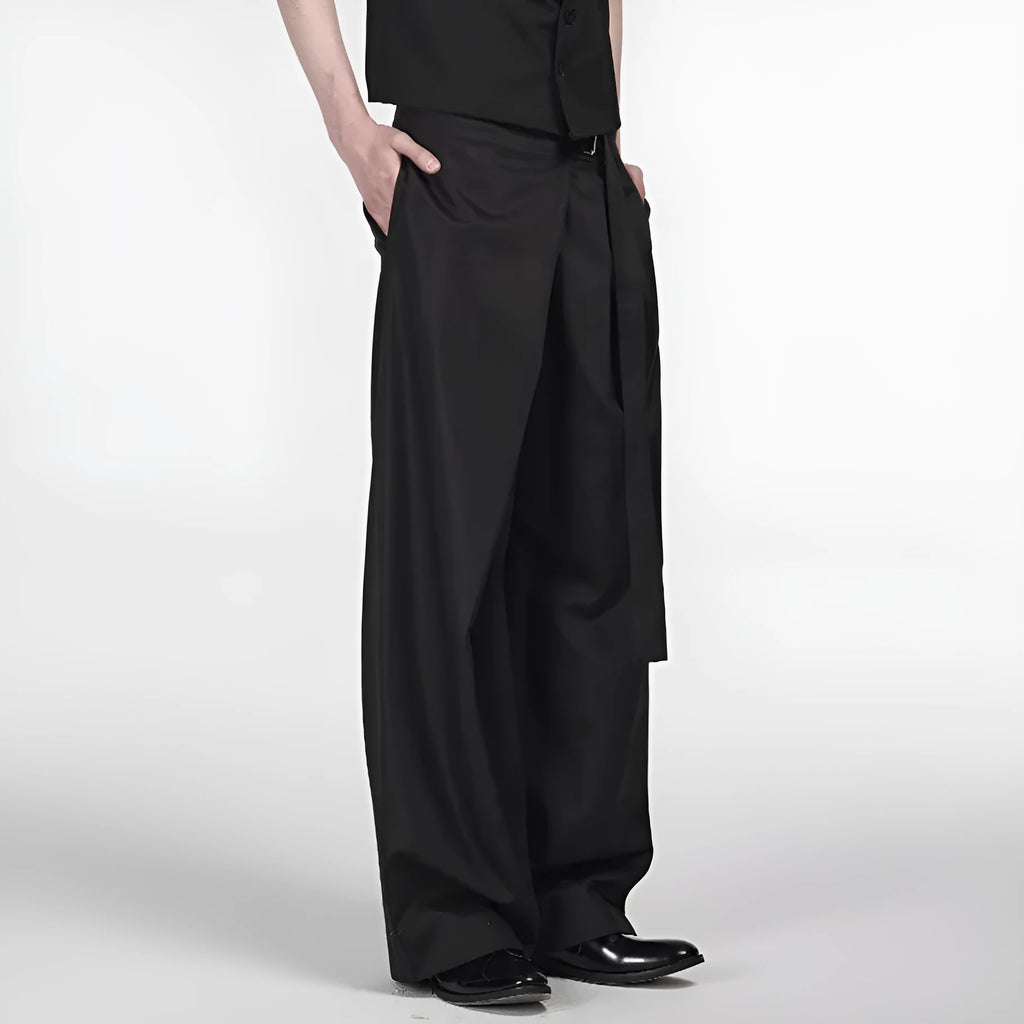 Black straight-leg trousers with adjustable waist and single pleated detail in tencel-cotton blend