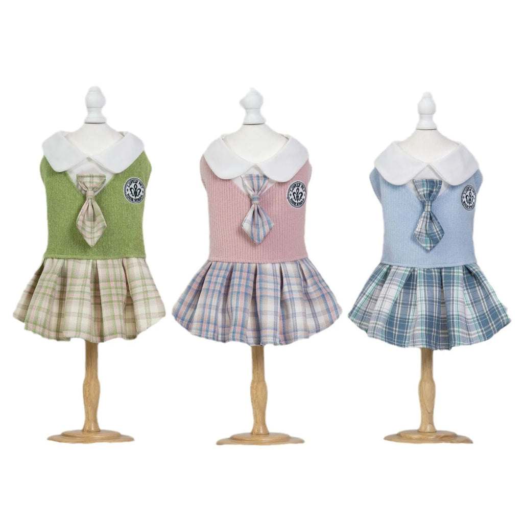 Tartan pattern princess style skirt for small dogs and cats in pink, blue, or green.