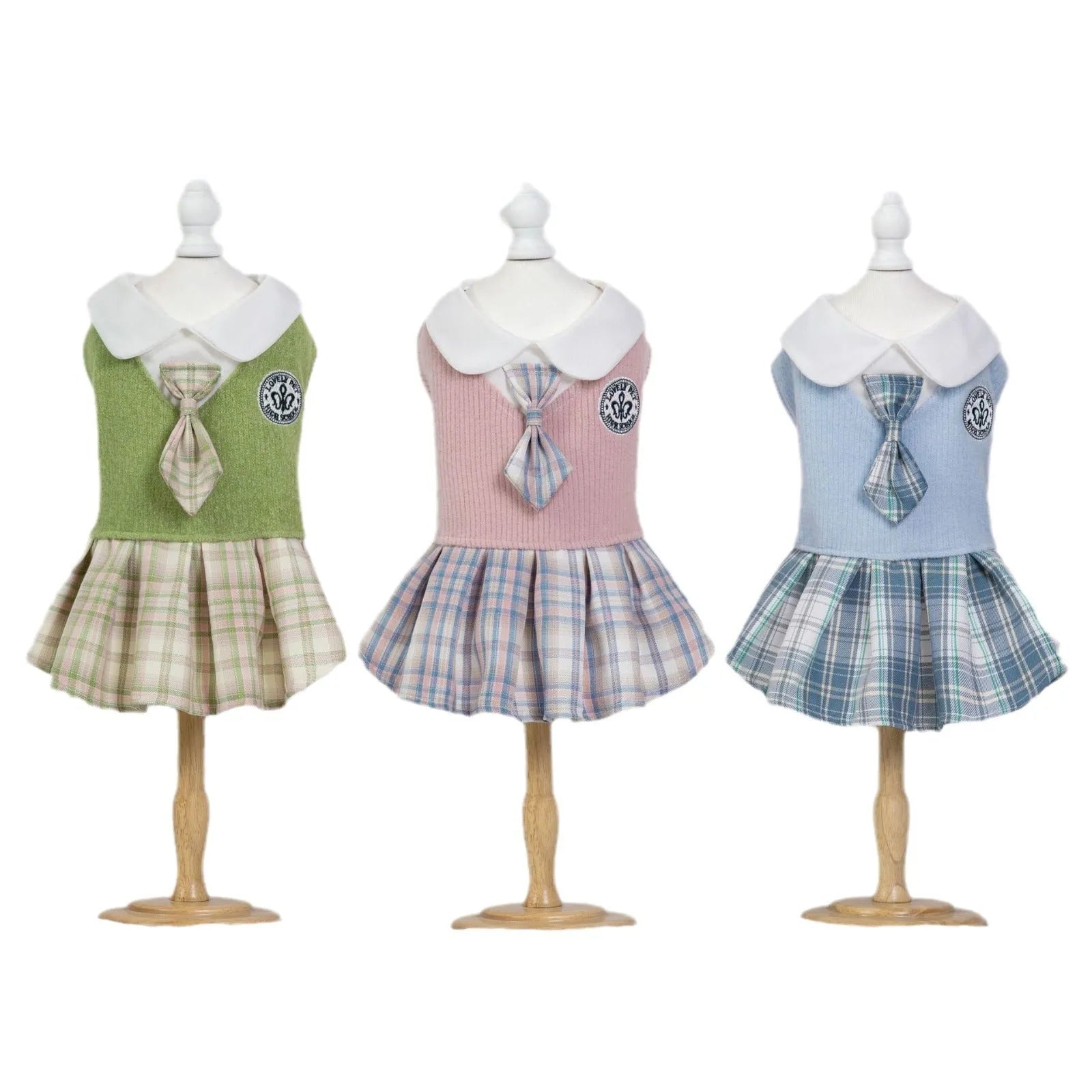 Tartan pattern princess style skirt for small dogs and cats in pink, blue, or green.