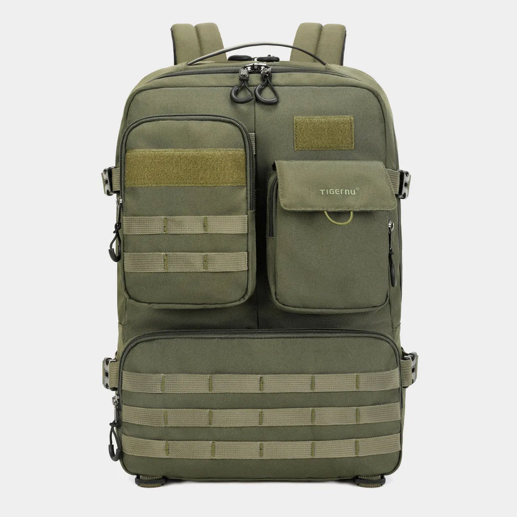 Army Green waterproof tactical backpack with 17-inch frame showing 20-35L capacity