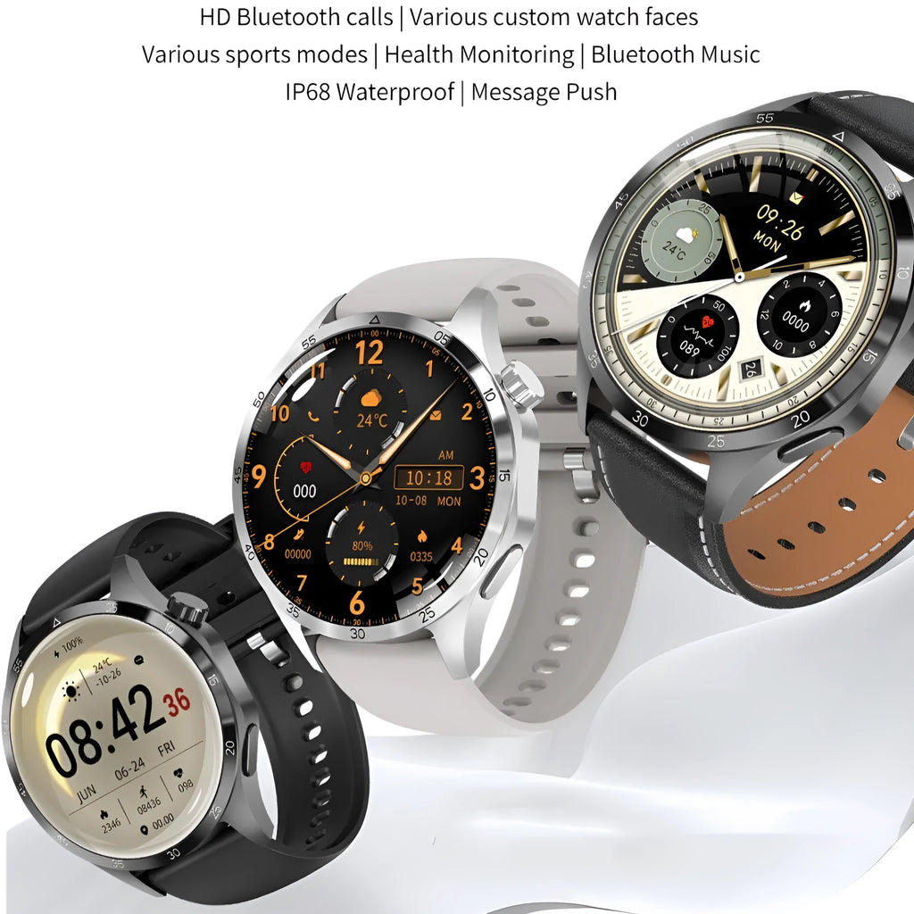 Black Bluetooth smartwatch with TFT touch screen showing health metrics display