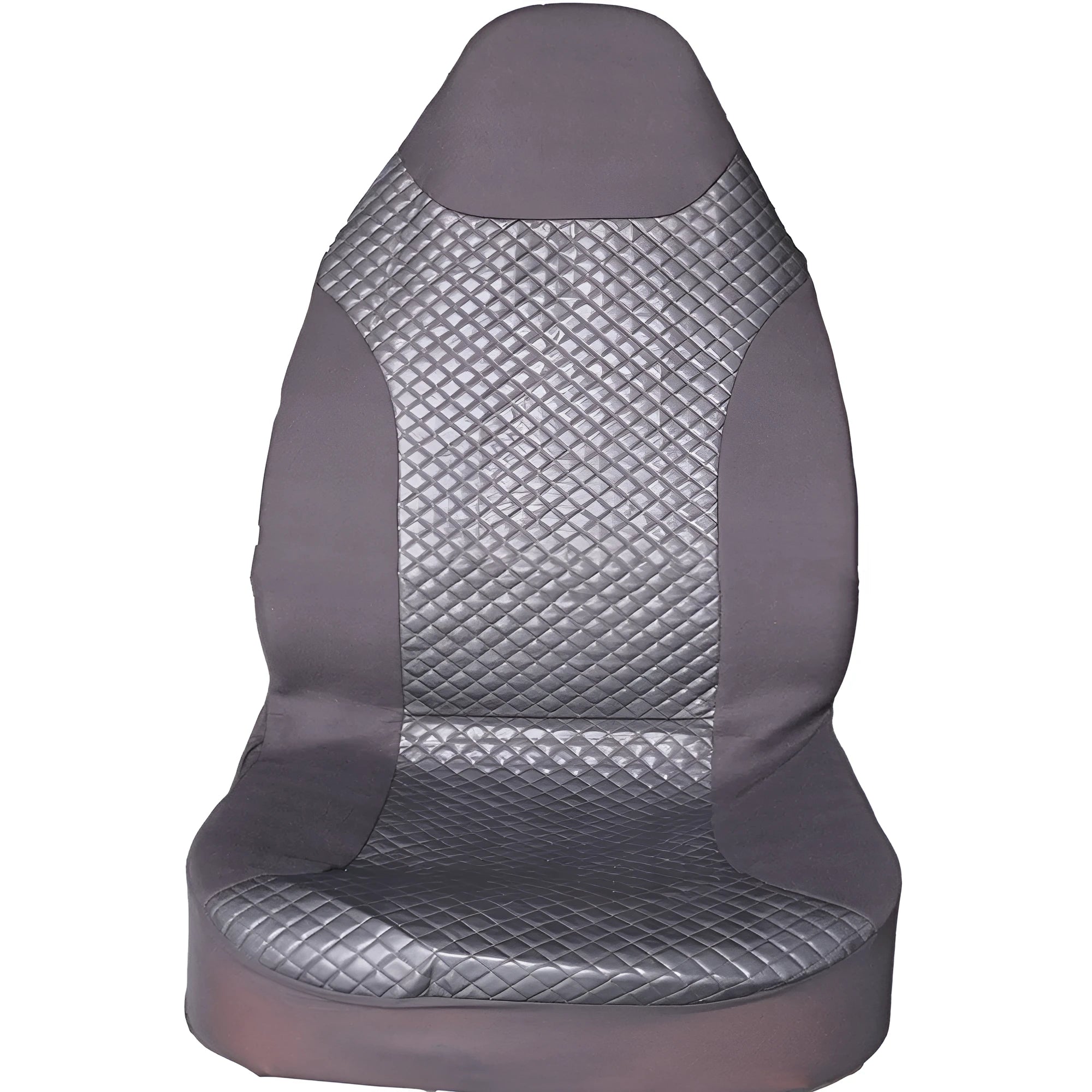Black quilted automotive seat covers showing PU and polyester fabric construction with plastic hook fasteners