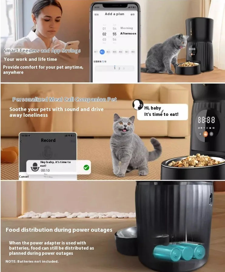 Black automatic pet feeder with digital display and food storage compartment