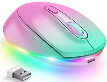 24g lightweight wireless ergonomic mouse in various colours next to a USB charging cable