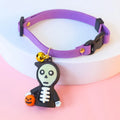 Halloween dog collar decoration showing luminous cartoon skull design on an adjustable polyester strap.