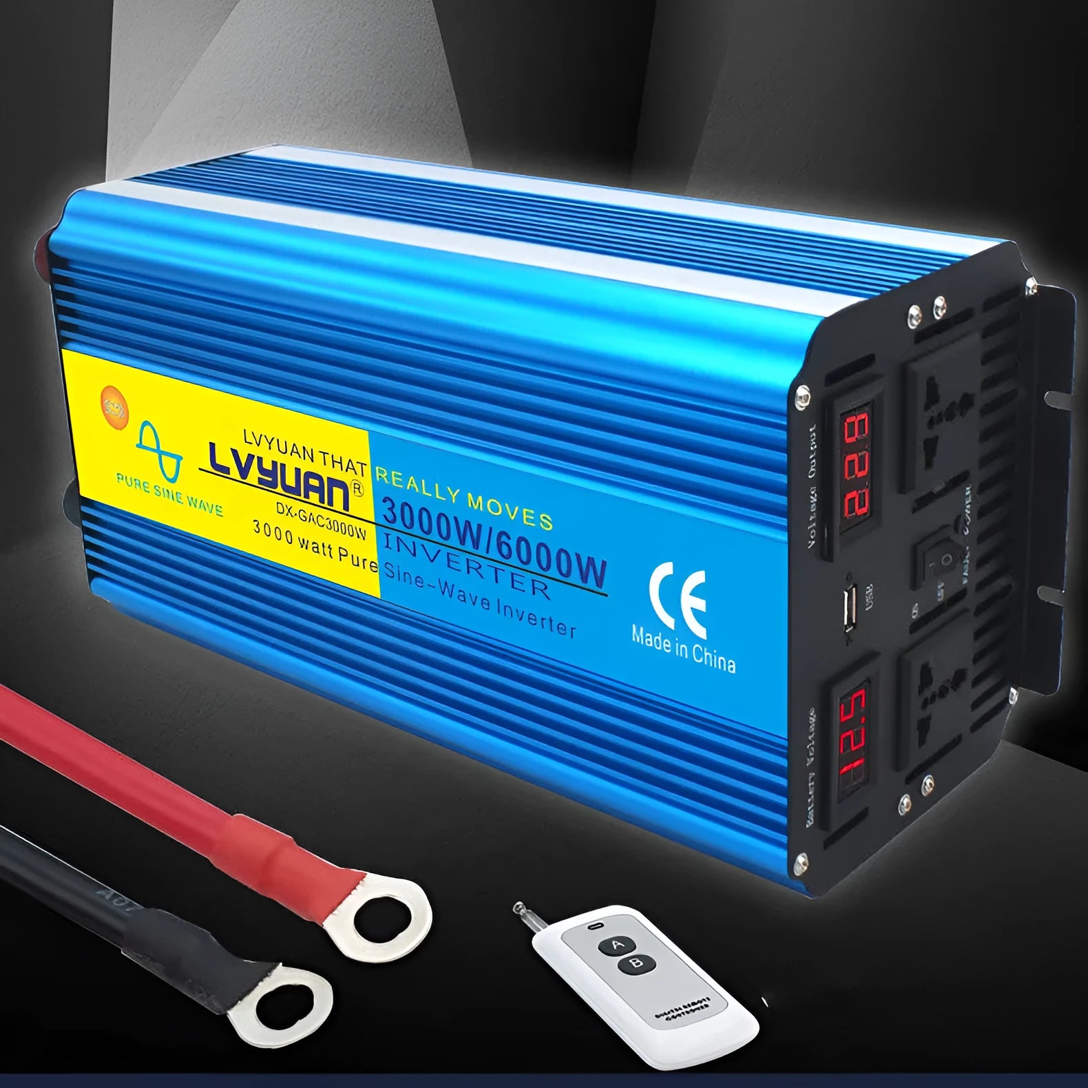 Blue 3000W pure sine wave power inverter with digital display and UK socket