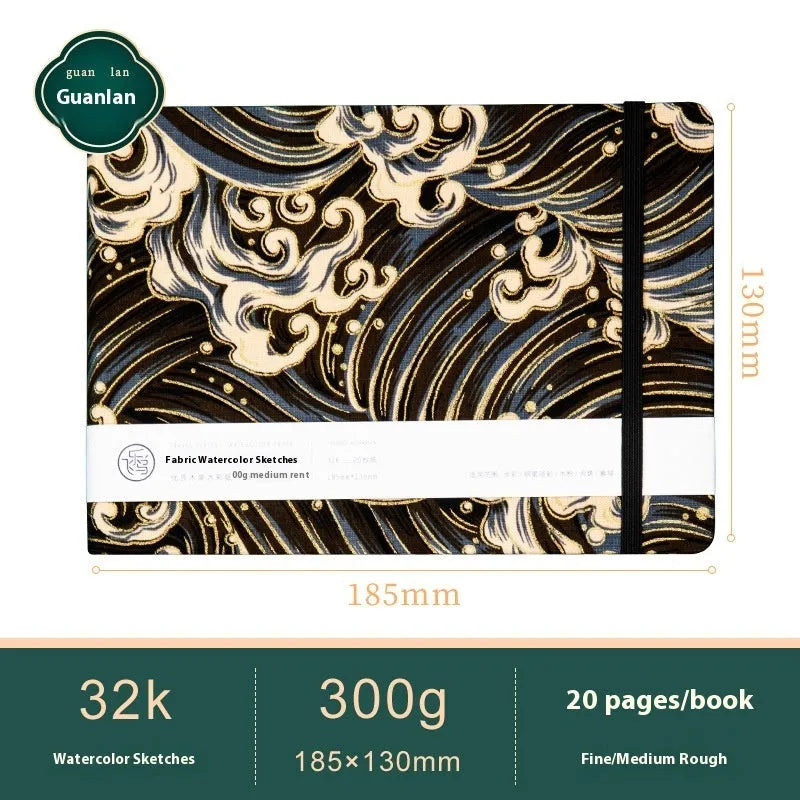 Feiluniao handmade fabric watercolour sketchbook with decorative cover, shown at 185mm length.
