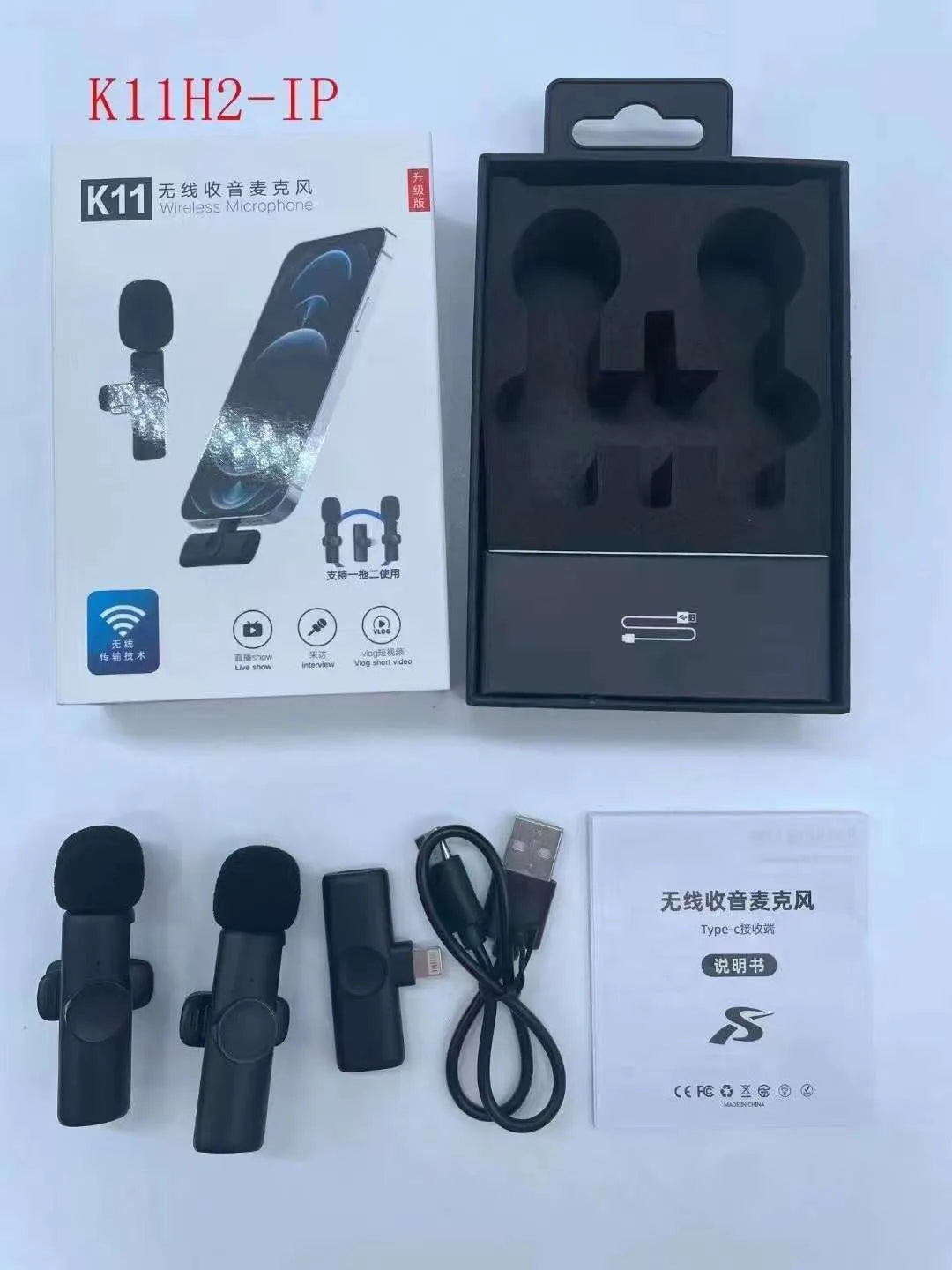 Wireless collar clip lavalier microphone for outdoor video recording with multiple interface connection options