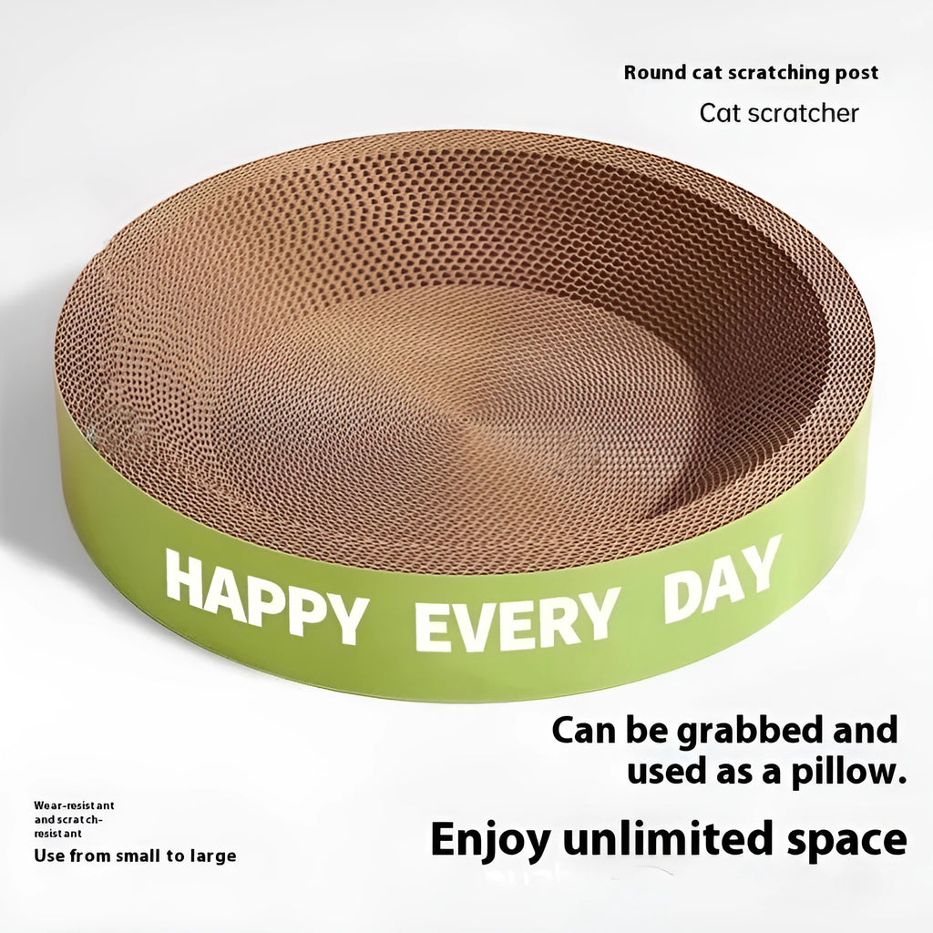 Green round cat scratching nest with 50cm diameter measurement showing integrated scratching surface
