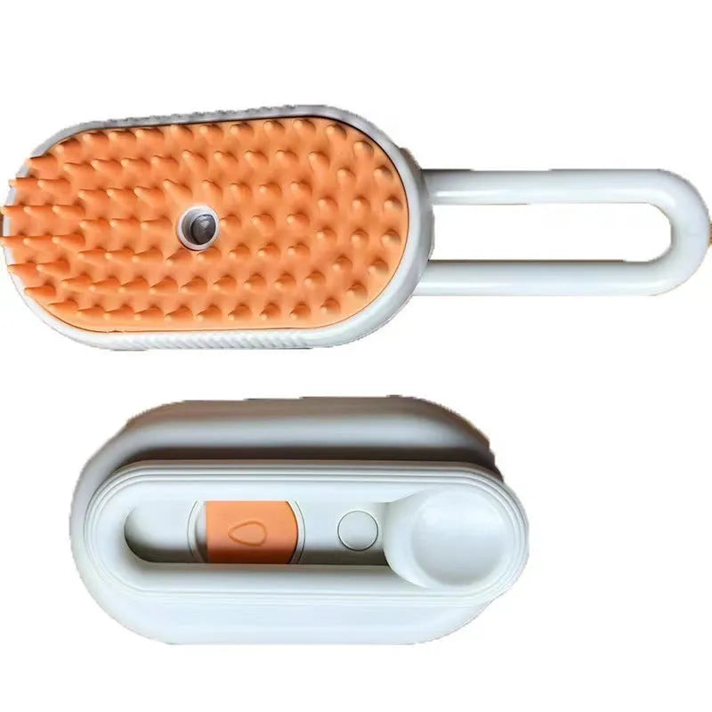 Avocado green coloured pet grooming spray massage brush with comb head on a white background.