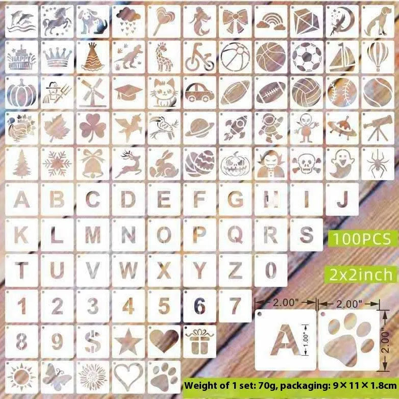 Milky white PET film spray painting templates showing flower, animal, and letter designs at 2-inch size