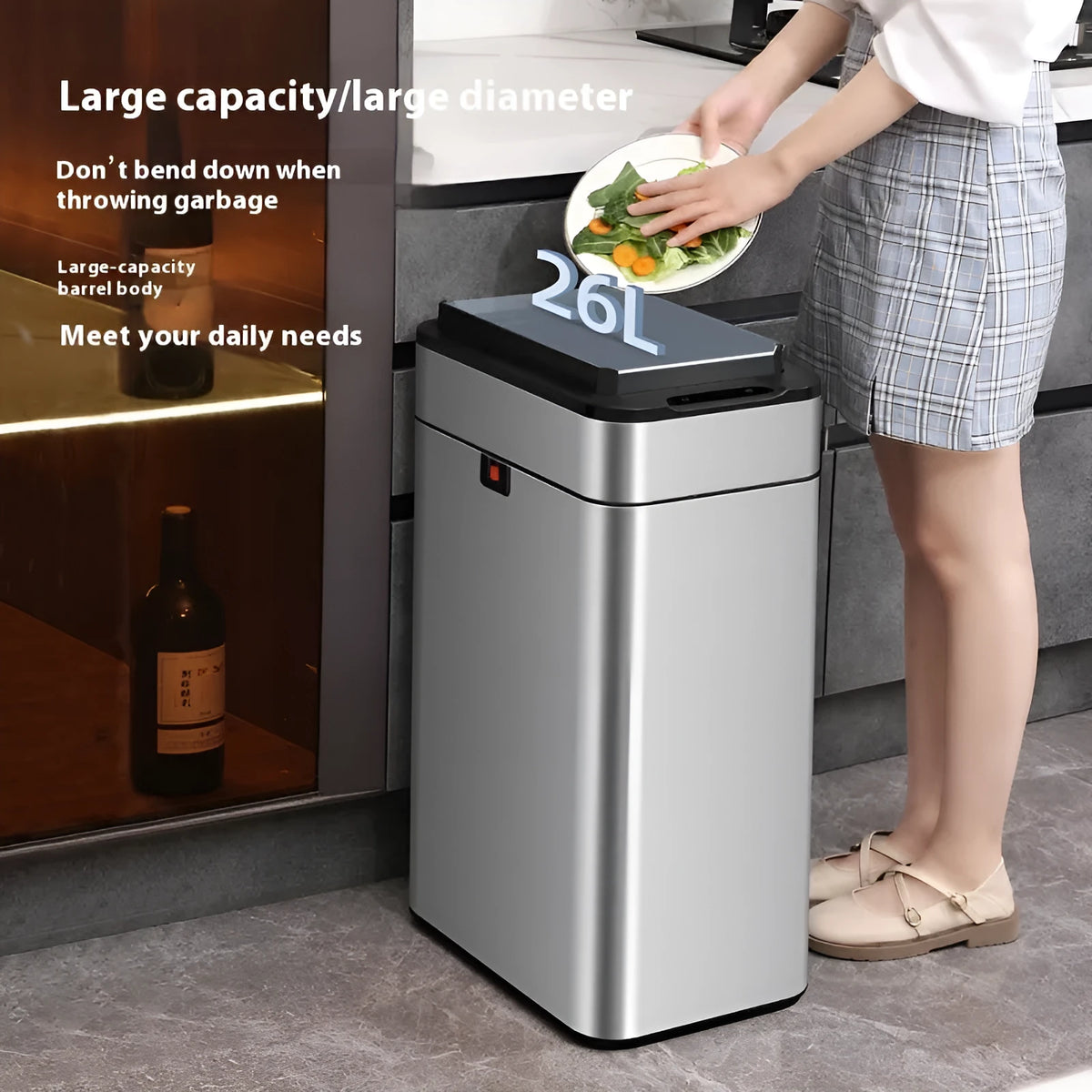 Stainless steel inductive smart trash can with square shape and sensor lid