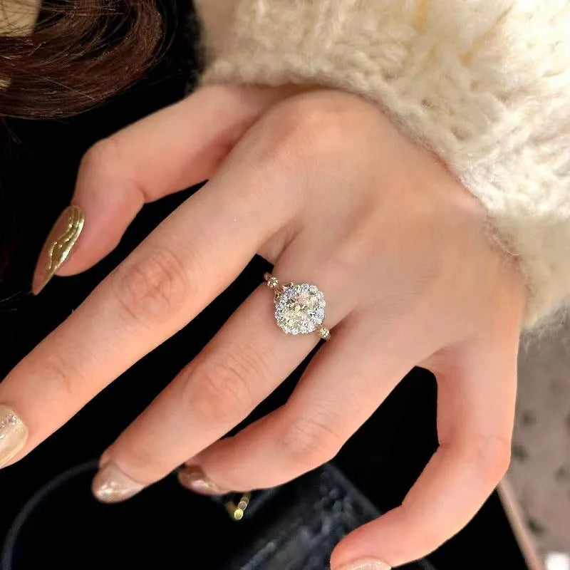 Silver geometric ellipse diamond ring with adjustable opening for women