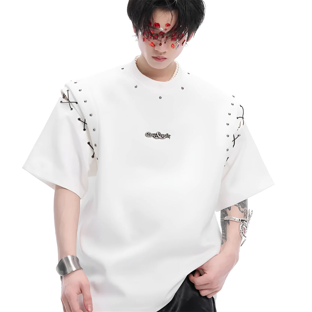 Black deconstructed lace-up cutout short sleeve t-shirt on a hanger