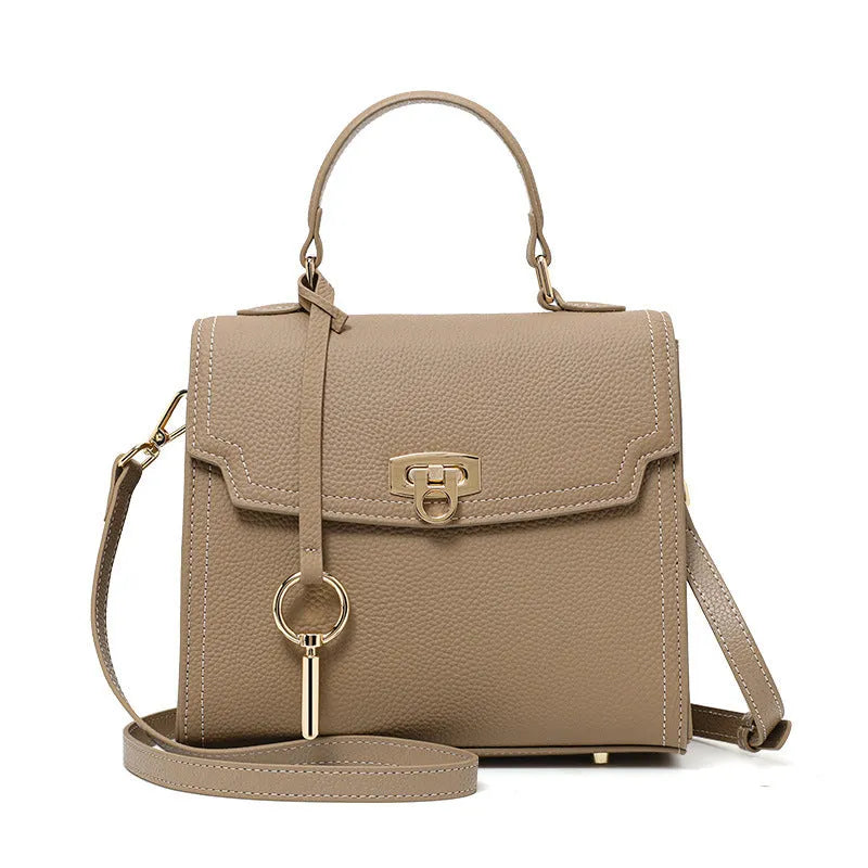 Elephant grey genuine leather crossbody handbag with vintage lock and litchi pattern texture