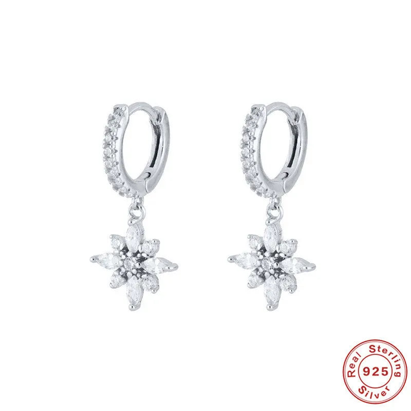 S925 sterling silver snowflake pendant earrings with inlaid gemstone in white or yellow gold colour.