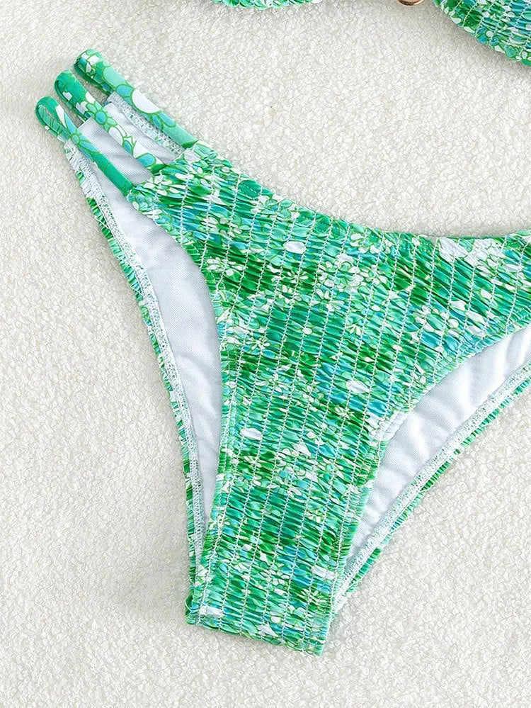 Women's high-waisted floral bikini swimsuit in blue, orange, pink, or rose red.
