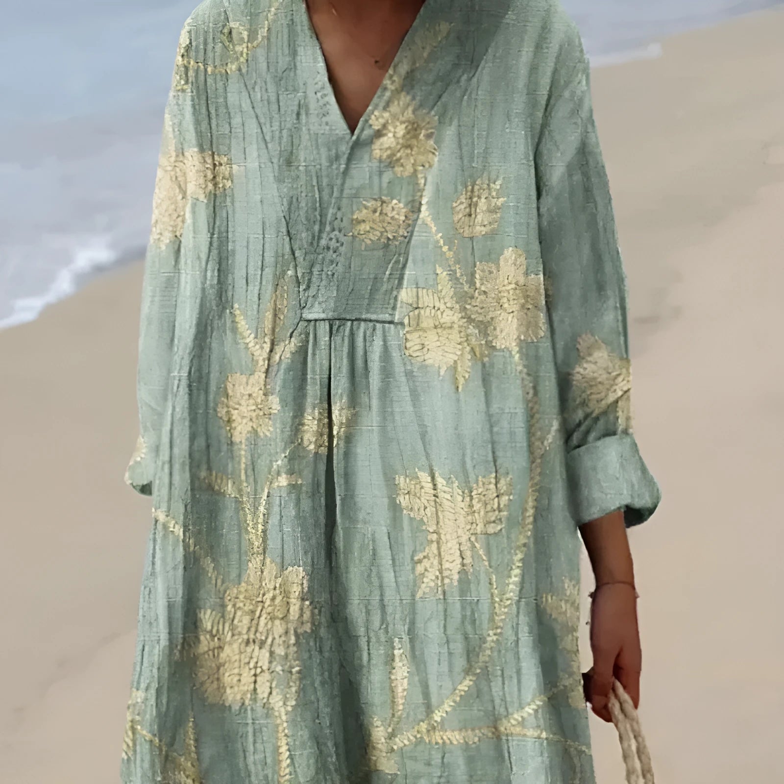 Women's long sleeve floral 3D printed shirt dress with a wide waist, shown in a casual setting.