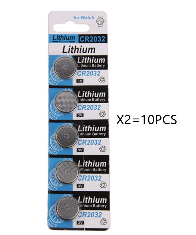 A card of five round, silver CR2032 3V lithium button batteries.