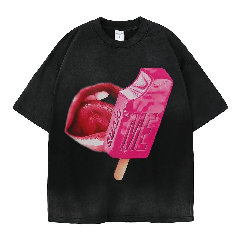 Heavy washed cotton street t-shirt in loose pullover style with short sleeves, showing cartoon pattern design