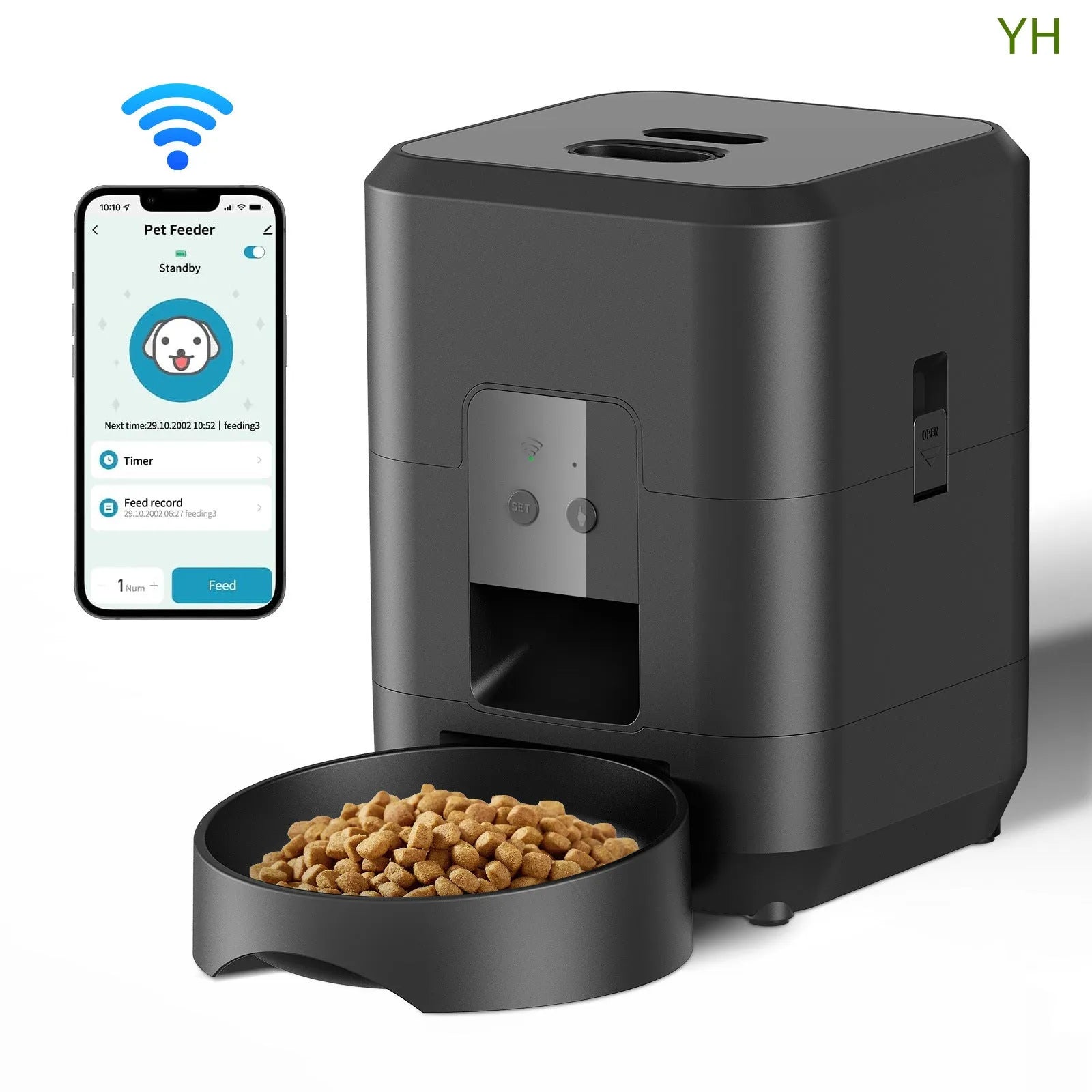 White and black automatic pet feeder for cats with timing control and multiple power standard options