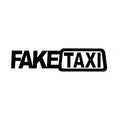 FAKE TAXI text car sticker in black, white, or yellow, measuring 20 cm by 8 cm.