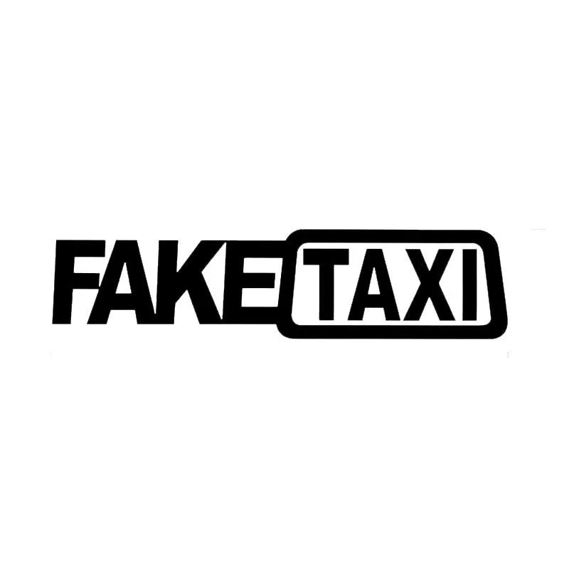 FAKE TAXI text car sticker in black, white, or yellow, measuring 20 cm by 8 cm.