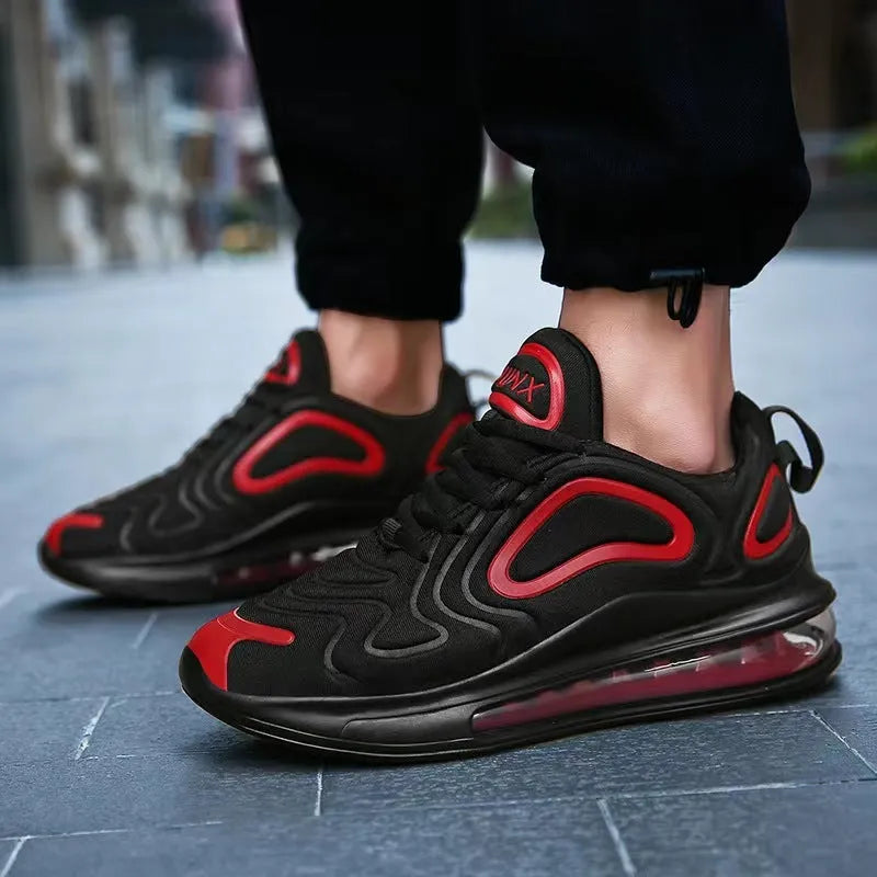 Men's black casual shoes with air cushion design, lace-up front, and thick sole for outdoor running