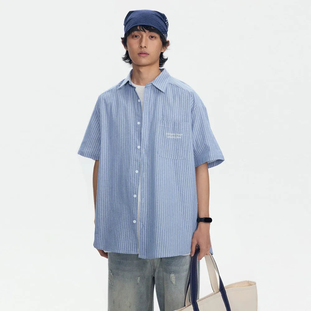 Blue and white striped loose-fit short-sleeved overalls shirt or cardigan for men and women