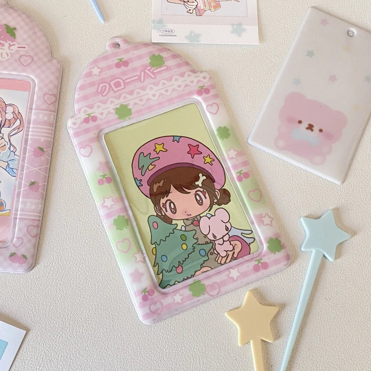 Cartoon strawberry design clear PVC card holder for 3-inch ID badges and passes.