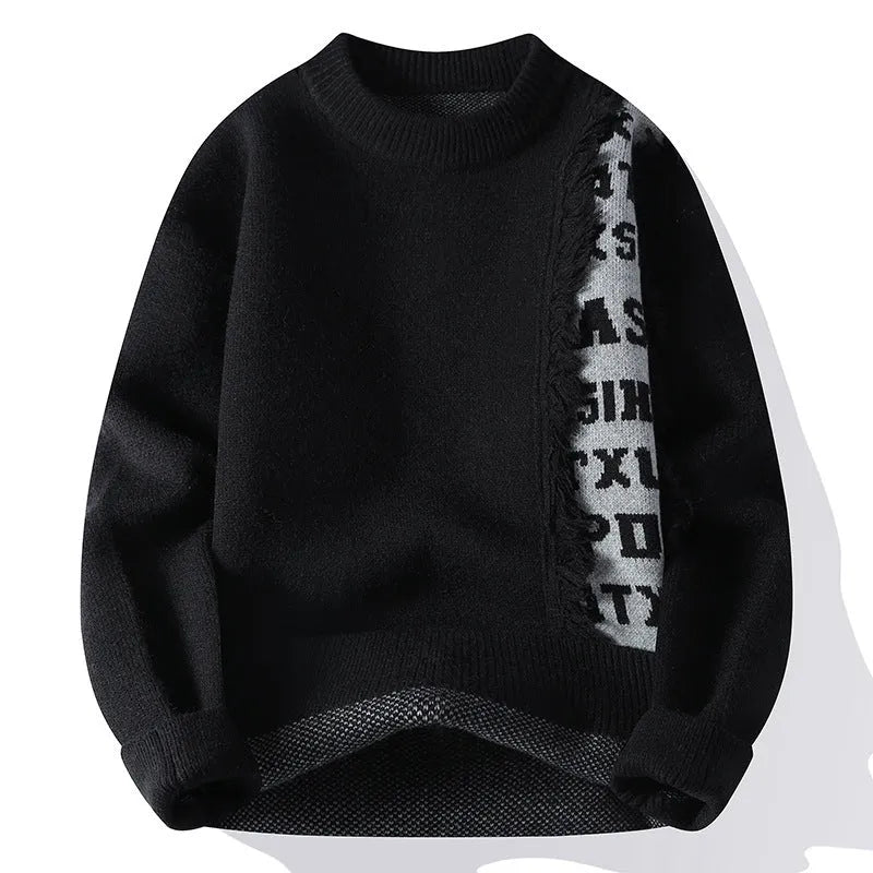 Men's loose fit knitted pullover in rabbit fur with ribbed hemline, shown in multiple colours.