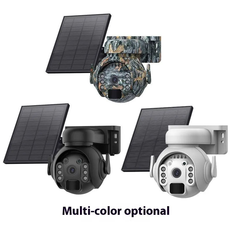 White solar-powered outdoor security camera with solar panel on top, mounted on a wall.