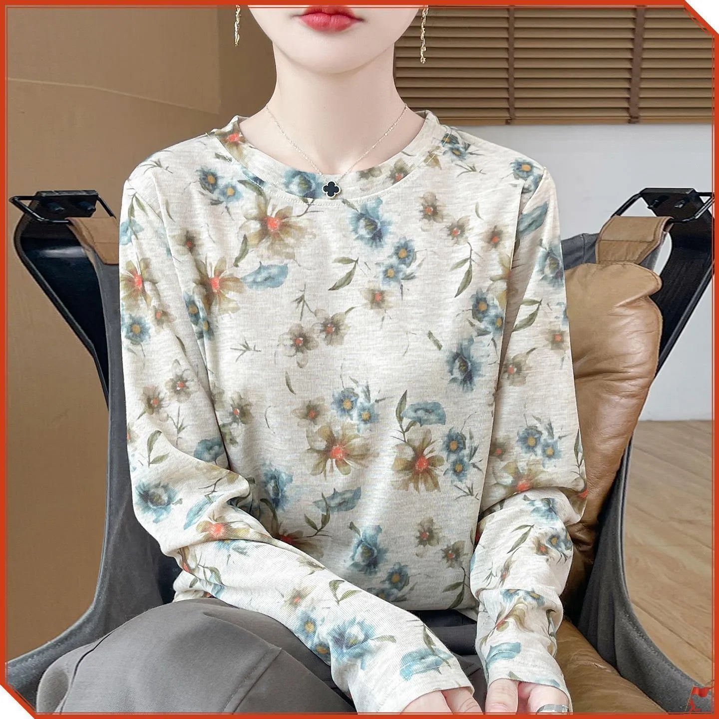 Round neck Tencel cotton pullover shirt with artistic printed design in one of five colour variations
