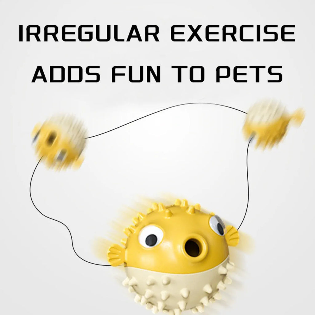 Yellow fish-shaped vinyl dog chew toy with textured surface and squeaker
