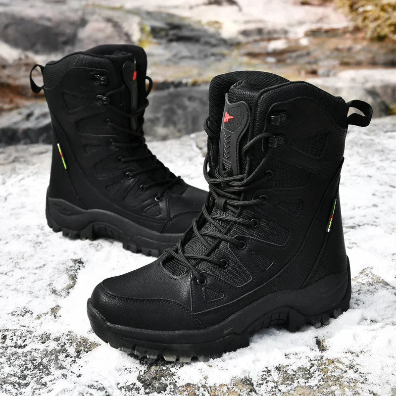 Men's beige cowhide leather hi-top hiking shoes with a platform sole on a rocky outdoor trail.