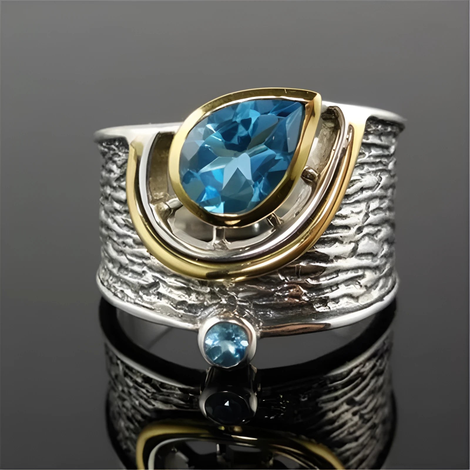 Chinese style women's blue zircon alloy ring with drop shape design