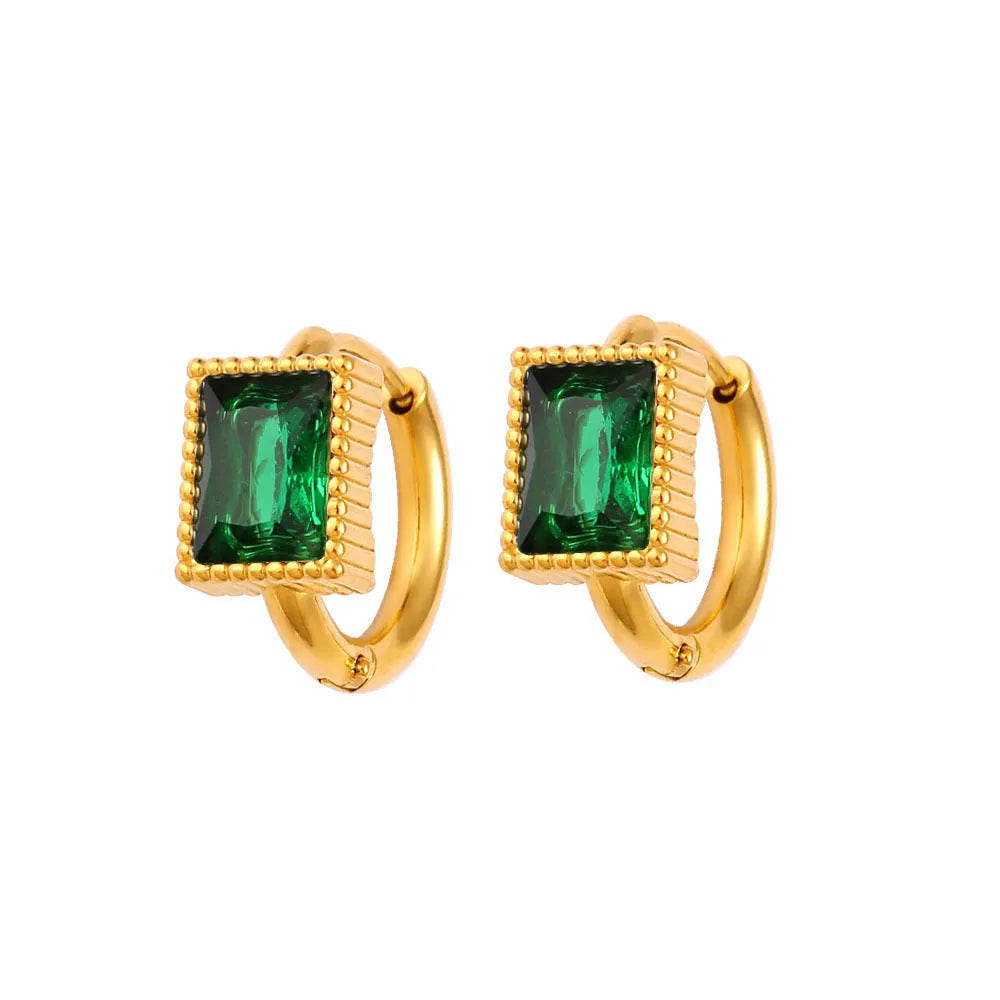 Geometric stainless steel earrings with square zircon stones and ring elements in electroplated colours