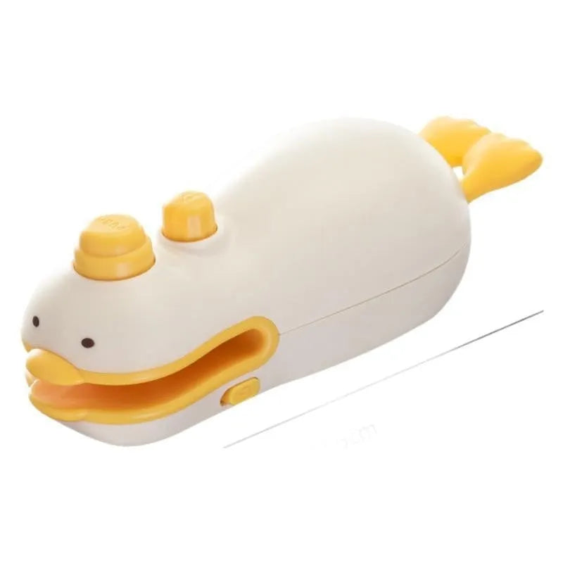 Yellow duck patterned rechargeable handheld vacuum food sealer with USB charging cable.