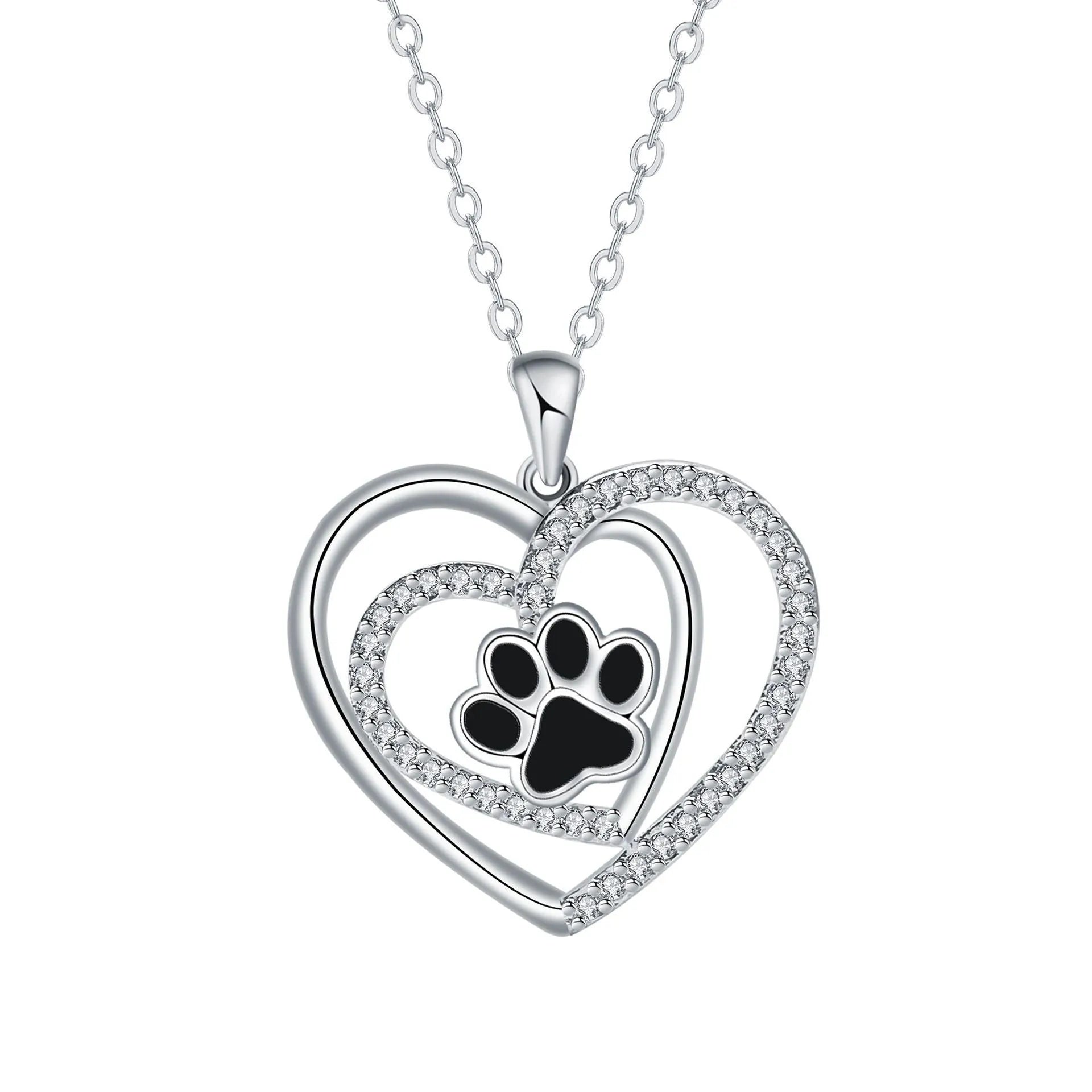 Women's dog paw footprint necklace with heart design on copper pendant and cross chain