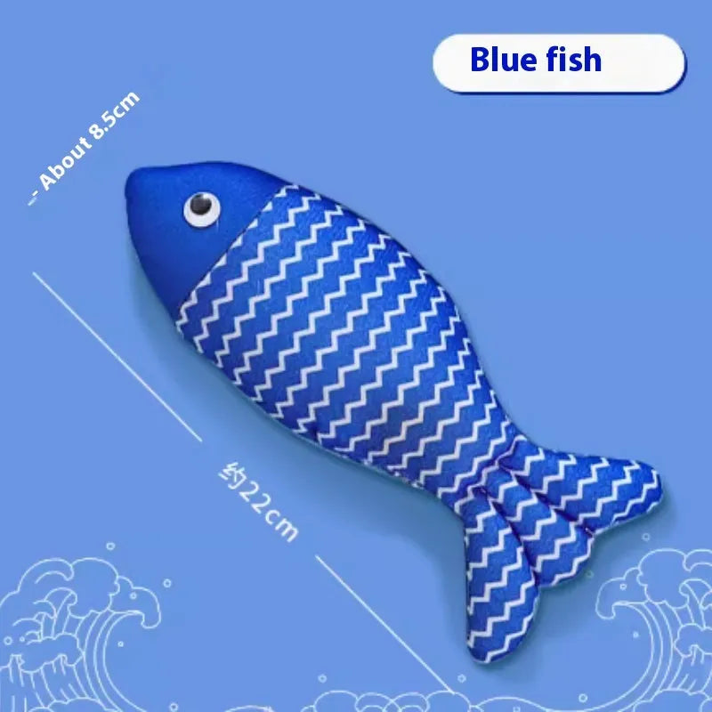 Red, yellow, and blue catnip-filled fish toys in large and medium sizes on a white background.