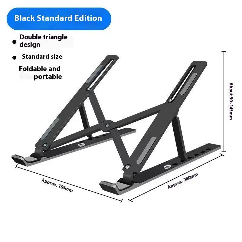 Folding aluminium laptop stand in silver finish showing cooling design for 16-18 inch notebooks