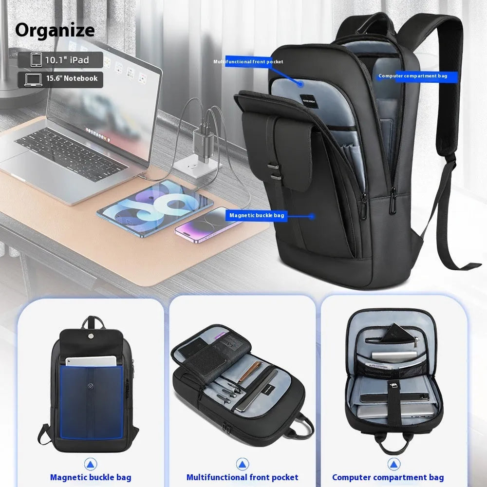 Black lightweight oxford backpack with sewing line detailing for business commutes