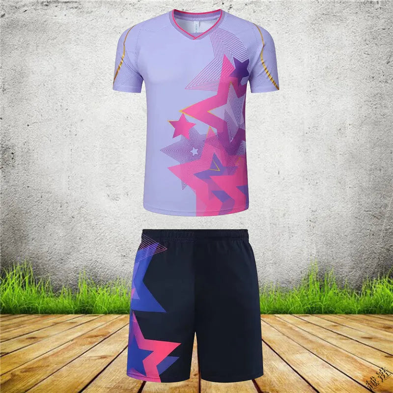 Men's and women's badminton competition sportswear set with short-sleeved polyester jacket and matching trousers.