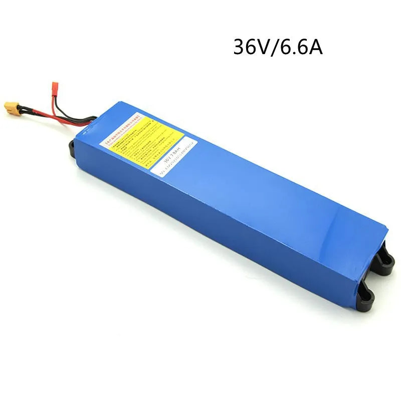 A 36V lithium-ion battery pack for electric scooters, showing options for 6.6Ah, 7.8Ah, and 10.4Ah capacities.
