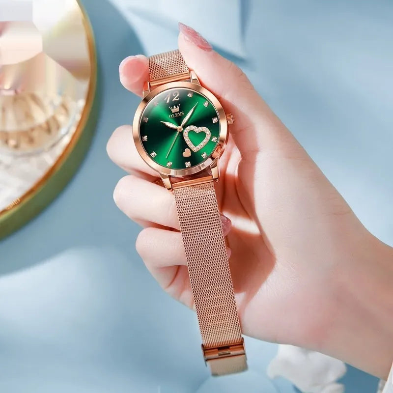 Women's fashion watch with mesh strap, 36mm alloy case, showing six dial colour options