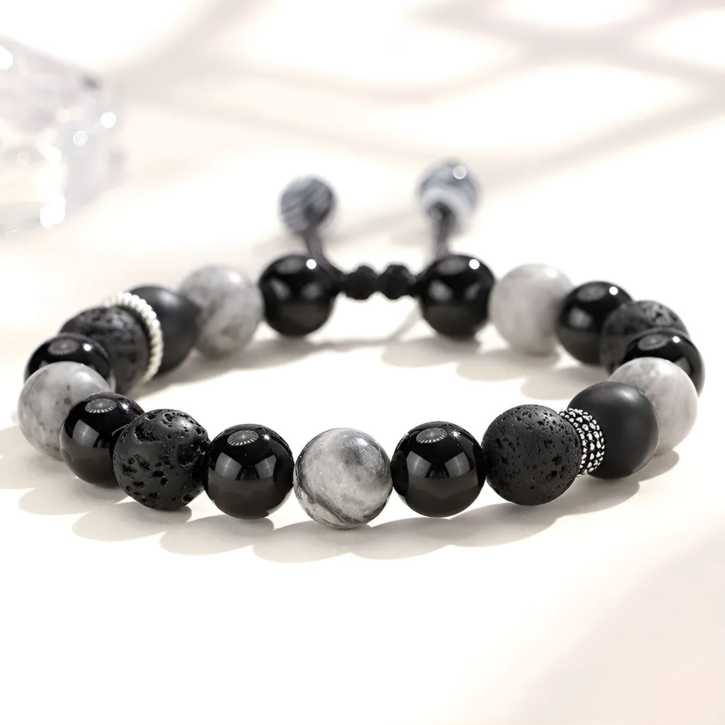 Black agate map stone volcanic bracelet showing diamond shape design and electroplated finish